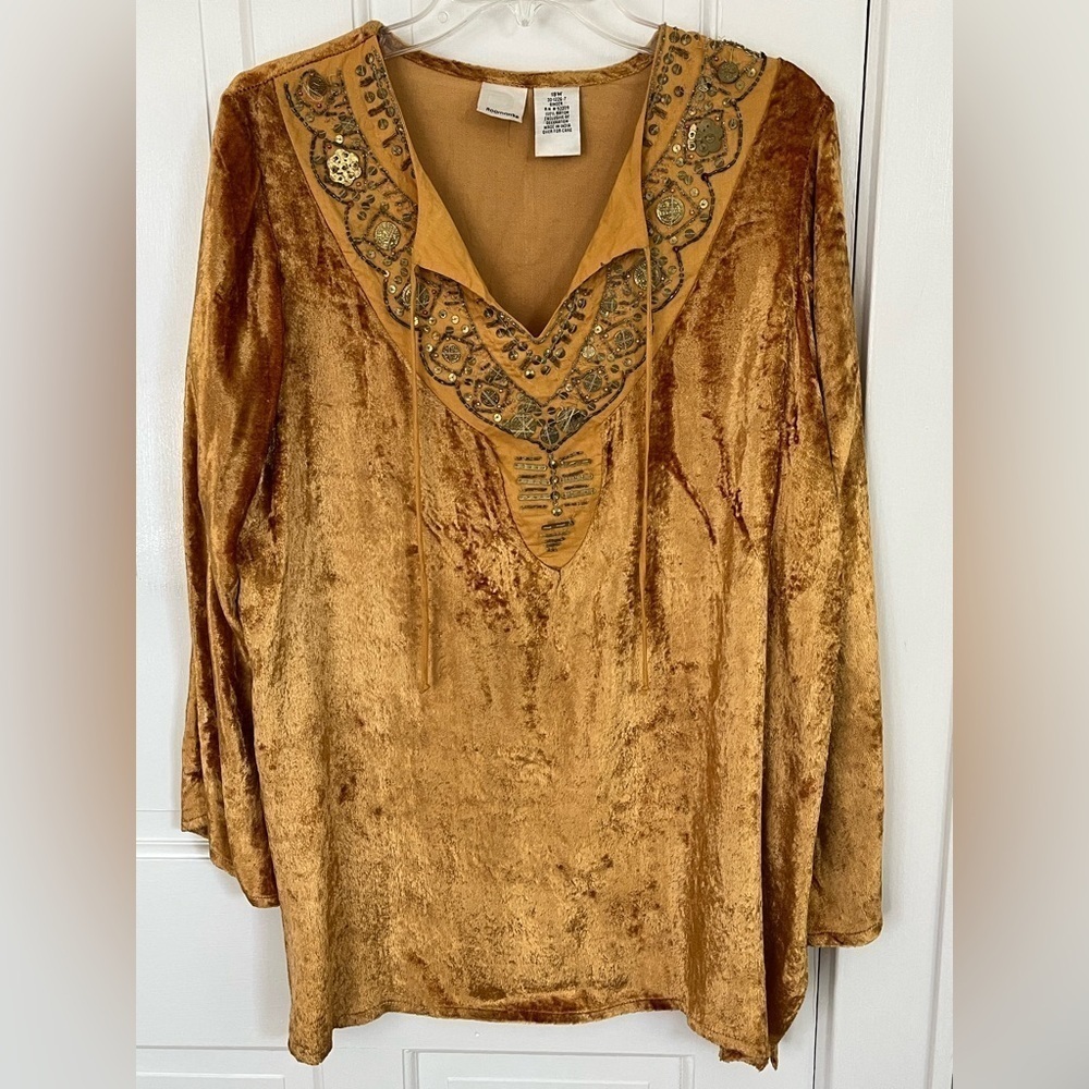 Roaman's Ginger Velvet Boho Beaded Rennaisance Gypsy Tunic Top Bell Sleeve 18W